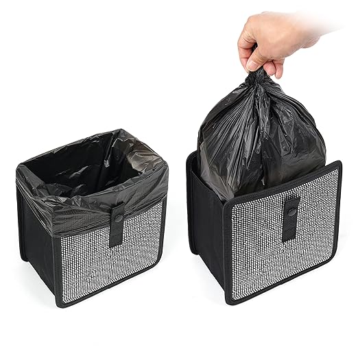 KMMOTORS Jopps Bling Car Trash Can – Foldable Diamond-Style Bin with Strap, PU Leather & Oxford, Waterproof, Sparkly Cubic Finish for Glam Interiors (Medium, Diamond Black)
