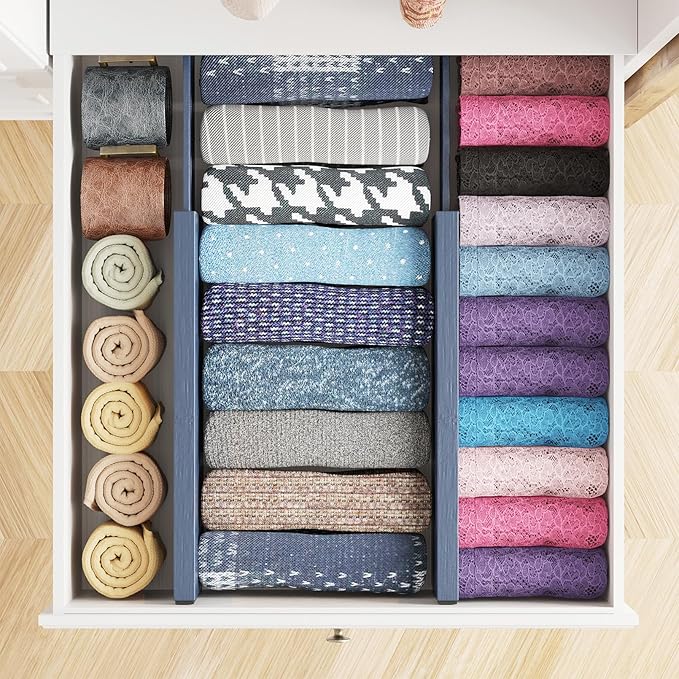 SpaceAid Bamboo 4 Pack Dresser Drawer Dividers, 4.65??High Adjustable 12.5??17??Drawer Organizers, Expandable Organization for Clothing, Clothes, Dressers, Navy Blue
