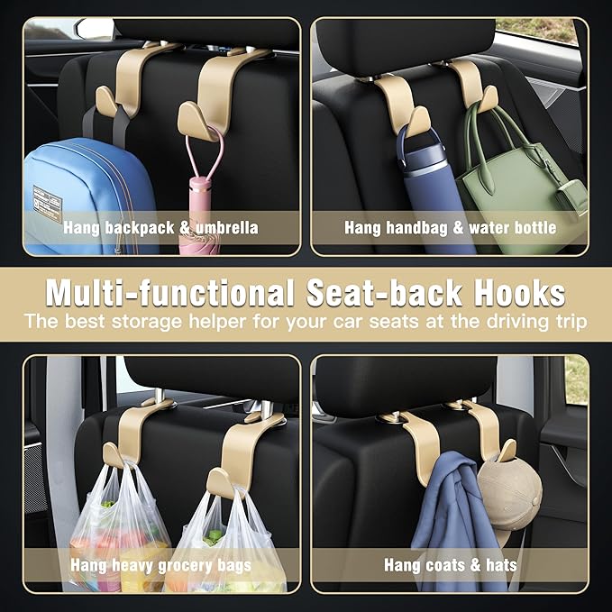 Amooca 4-Pack Car Headrest Hooks Vehicle Storage Organizer for Purses Handbags Groceries Coats –Holds 55lbs 360° Rotating Simple Design Beige