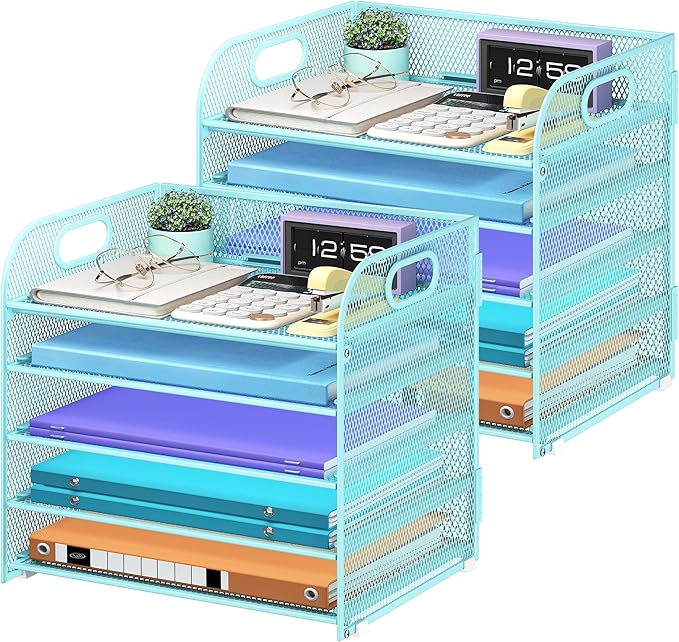 Cawukege 2 Pack 5 Tier Paper Organizer, Letter Tray with Handle, Mesh Desk Organizer, Metal File Organizer, Office Desk Accessories for Home, Office, Classroom, School -Blue