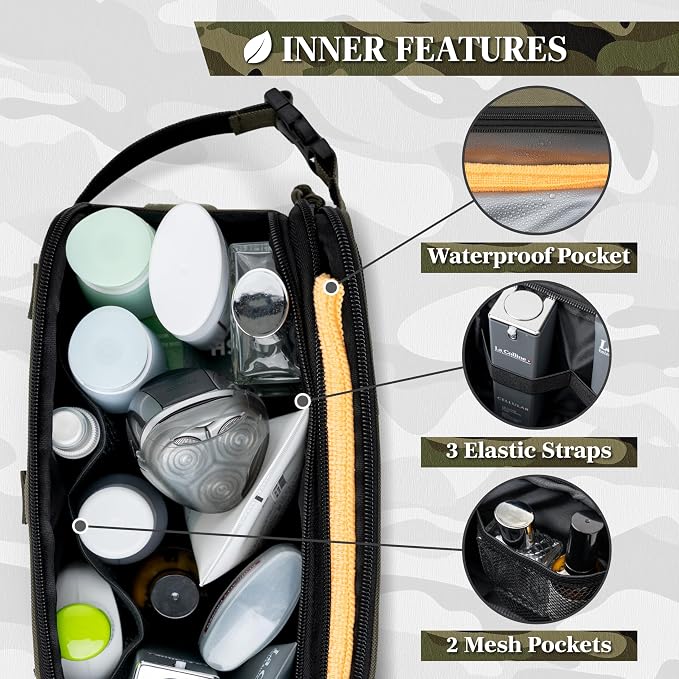 PAVILIA Tactical Toiletry Bag for Men, Water Resistant Molle Military Dopp Kit, Travel Hygiene Organizer with Wet Dry Storage for Shaving, Grooming, Gym and Camping, Olive XL