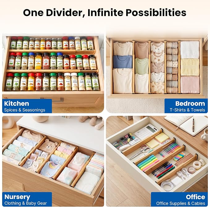4 Pack Drawer Dividers, 2.36" Bamboo Expandable Drawer Organizers, 17-22" Adjustable Tension Separators, Standard Drawer Dividers for Kitchen, Bedroom Dresser, Baby Nursery & Bathroom