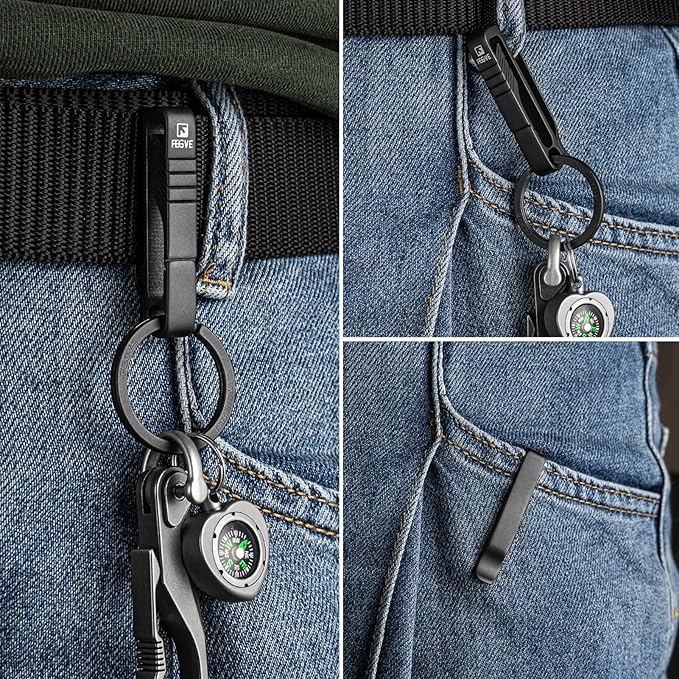 FEGVE Titanium Key Belt Clip with Key Ring, Belt Key Holder Key Chain Clip Black Keychain for Men