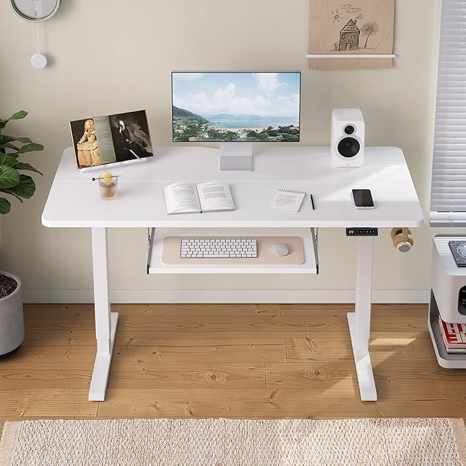 FEZIBO Standing Desk with Keyboard Tray, 55 x 24 Inch Adjustable Height Sit Stand Desk with Memory Presets for Home Office, Ergonomic Computer Workstation, White