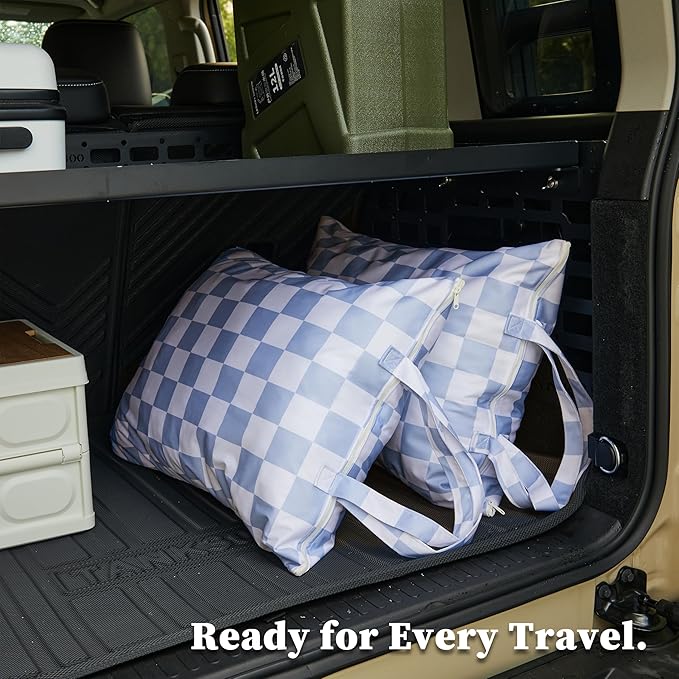 Ohocut Checkered 2 Pcs Large Travel Laundry Bags for Dirty Clothes, Aesthetic Trendy Waterproof Washable Laundry Bag with Handle for Travel, Gym, Swimming Pool, Blue