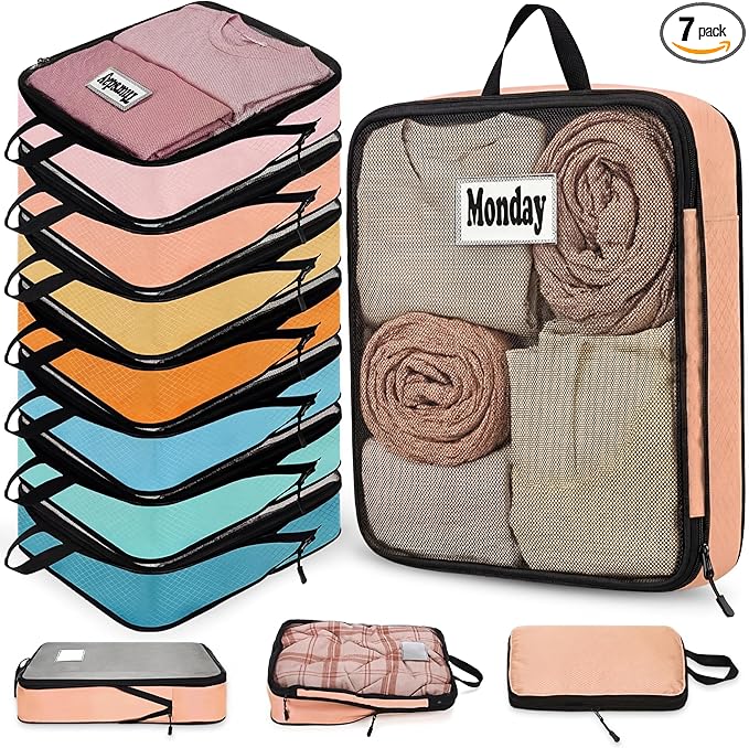 7 Pcs Packing Cubes for Travel Days of Week Compression Packing Cube with Labels Organizers Luggage Storage Bag(Multicolor,Large)