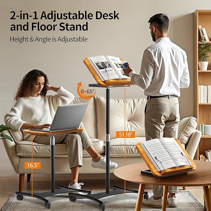 NAMON Rolling Laptop Stand, 2 in 1 Dual-use Floor & Desktop, Adjustable Height from 16.5" to 51", with 4 Lockable Casters, Laptop Floor Stand Perfect for Home, Office, Study (Rubberwood Finish)