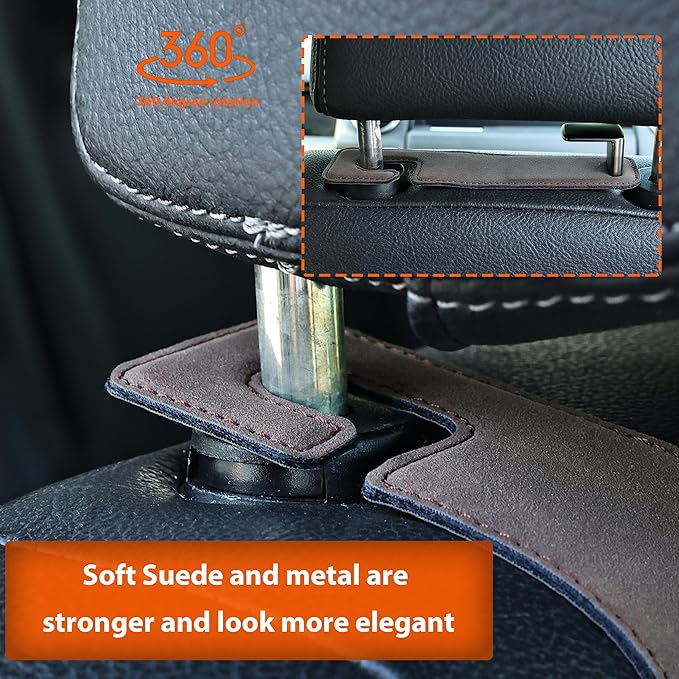Car Seat Back Hook Metal with Suede Universal Vehicle Headrest Hangers Interior Storage Organizer for Purse Handbag Coat Grocery Bags 2 Pack Coffee