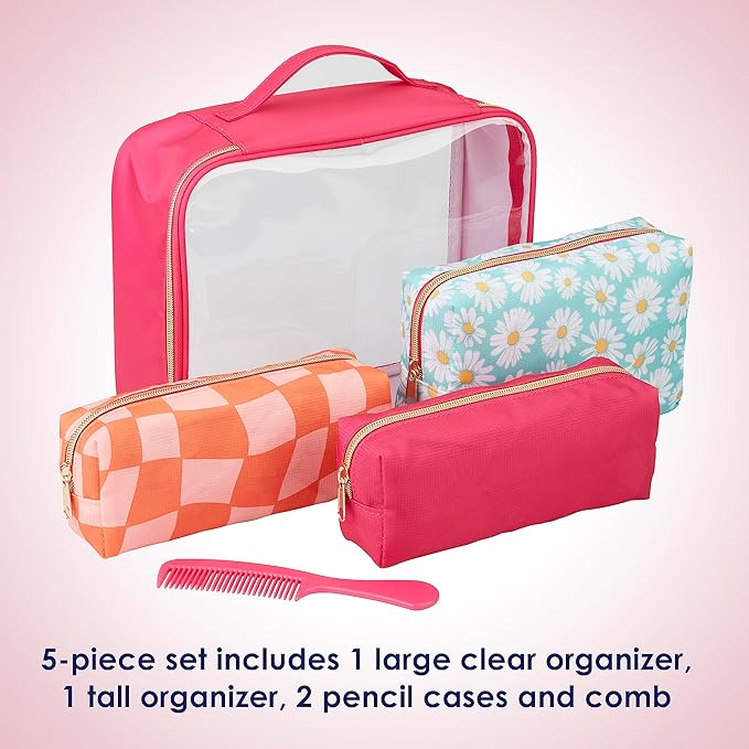 Conair 5 Piece Toiletry and Cosmetic Bag Set Under $30, Includes 4 Makeup Bags and 1 Travel Comb in Pink and Daisy Prints (Pack of 2)
