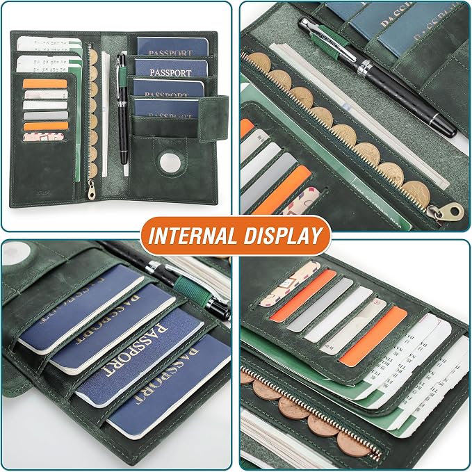 Top Grain Leather Travel Passport Wallet Holder for Man & Woman, Snap Button Design for 4 Passports & Multi Cards, RFID Blocking Large Capacity for Passports/Cards/Checks/Bills, Dark Green