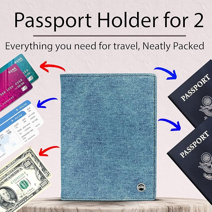 RFID Travel Passport Holder – Slim Credit Card & Document Organizer, Boarding Pass Wallet, Denim Eco Plane Essential Case Cover for Men Women (Blue Denim)
