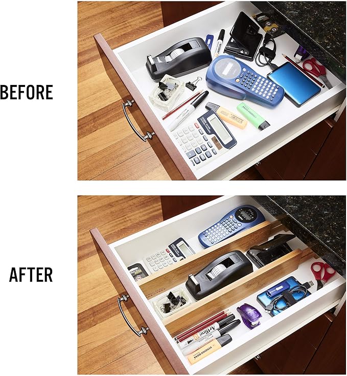 Bamboo Kitchen Drawer Organizer Divider Stackable for Deep Drawers. (Set-of- 4) Spring Loaded Dividers that are Expandable & Adjustable. Kitchen Organizer.