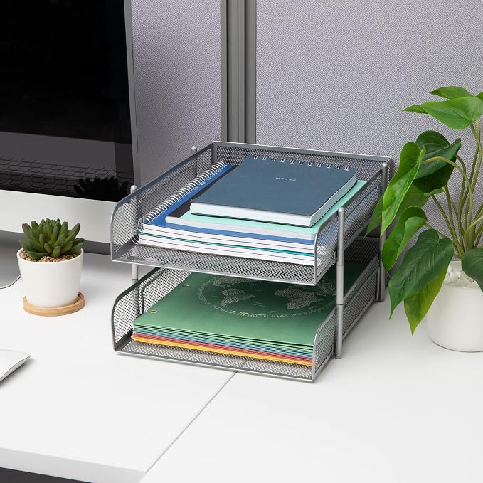 Mind Reader Stackable Paper Tray, Desktop Organizer, File Storage, Office, Metal Mesh, 2 Pc, Silver