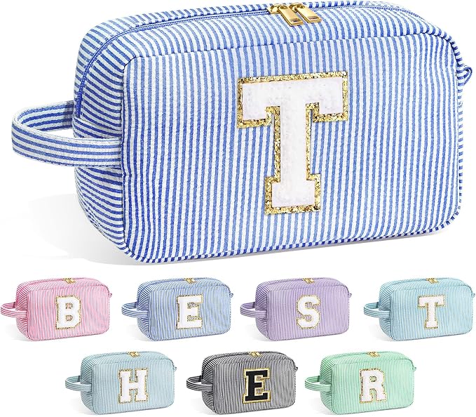 YOOLIFE Teacher Appreciation Gifts for Women - Initial Makeup Bag Letter Toiletry Pouch Cosmetic Case, Personalized Birthday Gifts for Women Girls Mom Daughter Sister Friends, Blue T