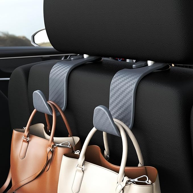 Amooca Car Seat Headrest Hook 4 Pack Hanger Universal Vehicle Car Storage Organizer for Handbag Purse Coat S Type Checkered Grey