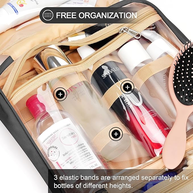 COOSKY Travel Hanging Toiletry Bag for Women, Holds Full-Size Shampoo, with Jewelry Organizer Compartment, Extra Large Makeup Bag, Waterproof Cosmetic Bag, Toiletries Kit Set with Trolley Belt, Black