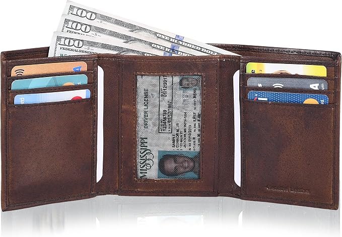 Tri fold Leather Wallet for Men with RFID | Slim Wallets for Men with 1 ID and 6 Credit card slots | Front Pocket Minimalist
