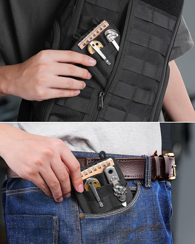 VIPERADE VE18-M EDC Pocket Pouch, Slim EDC Organizer with 3 EDC Slots+2 Zipper Pockets, 1 Large Pocket for Notebook or Cellphone, EDC Pouch for Men