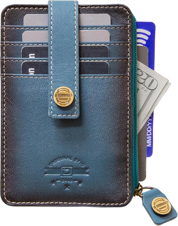 ID Stronghold RFID Blocking Front Pocket Wallet – Slim Minimalist Genuine Leather Wallet with Zipper Coin Pocket (Mega Blue)