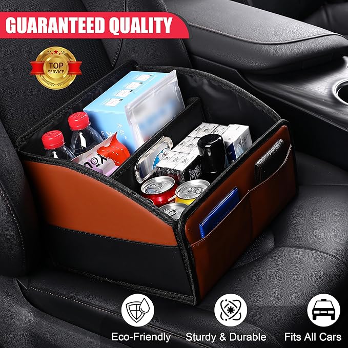 [2025 UPDATED] Leather Car Seat Organizer, Foldable Storage Box for Front Seat, Back Seats & Floor – Removable Divider, Metal Handle, Adjustable Anti-Slip Strap for Kids & Adults (Black & Brown)