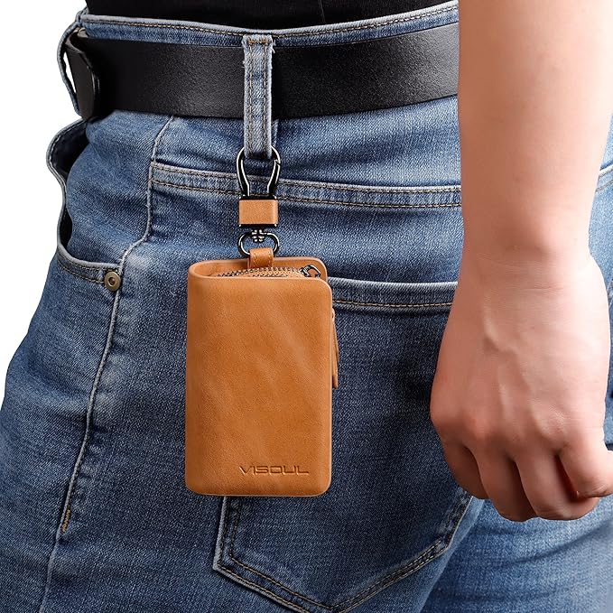 VISOUL Car Key Case Holder Double Zipper, Leather Car Smart Key Fob Case with Keychain for Men and Women
