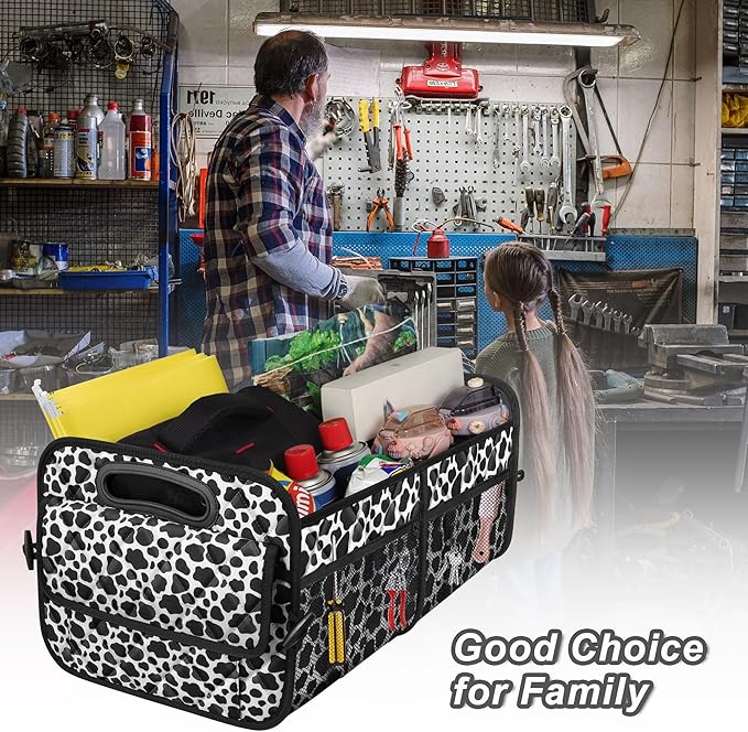 Deosk Car Organizer for SUV - 6 Big Pocket Trunk Storage With Waterproof Polyester, Car Accessories for Women/Men, Cow Print (Medium)