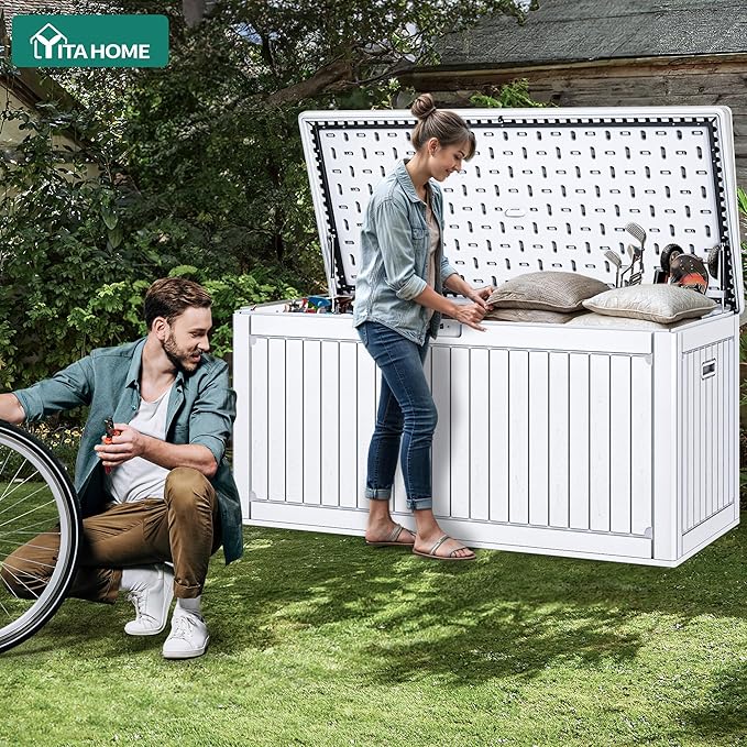 YITAHOME 260 Gallon Extra Large Deck Box, Double-Wall Resin Outdoor Storage Box with Flexible Divider for Patio Cushions Pool Supplies Garden Tools, 1000lbs Load Capacity, Lockable&Waterproof (White)