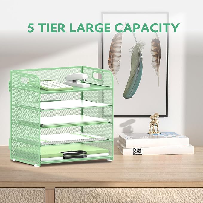 Supeasy 5 Trays Paper Organizer Letter Tray with Handle-Mesh Desk File Holders, Paper Sorter Desk Organizer for Office, Home, Classroom or School(Mint Green)