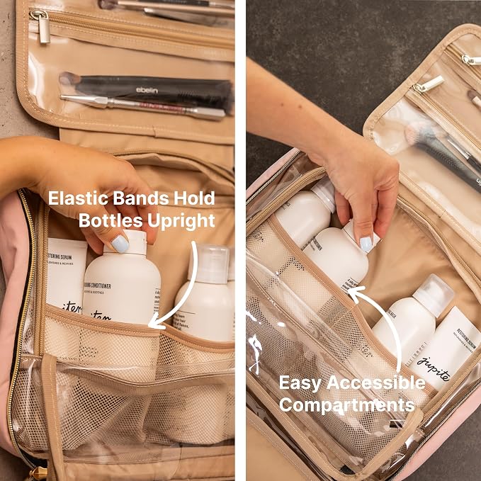 Carrywell Travel Toiletry Bag for Women with Hanging Hook, Makeup Organizer Case, Water-Resistant Cosmetic Bag For Full-size Containers, Toiletries, Pink Large, Not Made In China