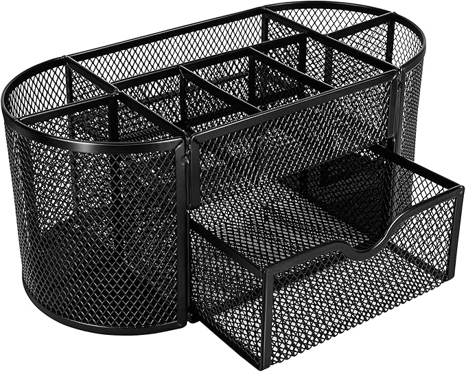Amazon Basics Mesh Desk Organizer with Pen Holder, Pullout Drawer and Office Caddy Storage, 9.25" x 4.53" x 3.94", Black
