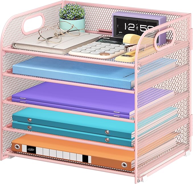 Cawukege 5 Tier Paper Organizer with Handle, Pink Metal Mesh Desk Organizer File Folder Paper Letter Tray Desktop Document Sorter for Classroom, School, Office Accessories Organization and Storage