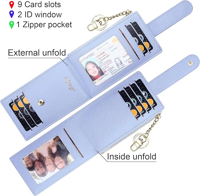Badiya Slim Women Wallet RFID Blocking Bifold Compact 9 Card Slots Holder Wallets Soft Leather with Zipper Coin Pocket 2 ID Window