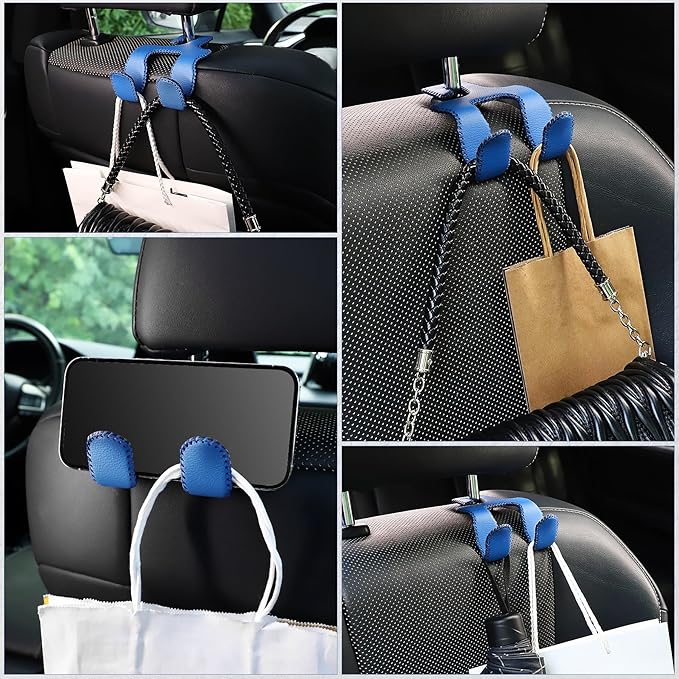 LivTee Upgraded Superior Leather Car Seat Back Headrest Hook, 2 in 1 Auto Seat Hook Hangers Holder Organization Interior Accessories for Purses Coats Umbrellas Grocery Bags Handbag (Blue)