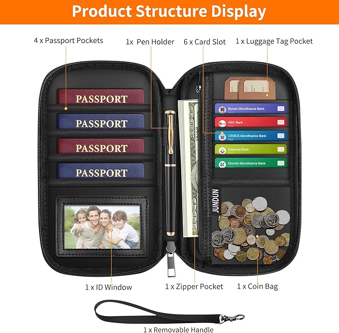 JUNDUN Family Passport Holder,RFID Blocking Upgraded Material Fireproof Passport Wallet for 4,Travel Document Organizer Case with Zipper for Passport,Card and Money,Large