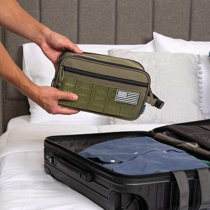 PAVILIA Tactical Toiletry Bag for Men, Water Resistant Molle Military Dopp Kit, Travel Hygiene Organizer with Wet Dry Storage for Shaving, Grooming, Gym and Camping, Olive XL