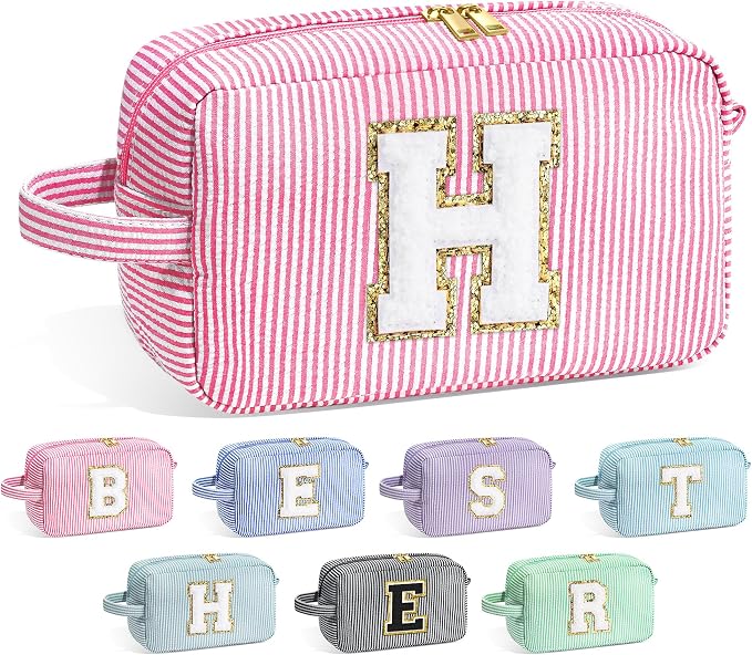 YOOLIFE Initial Makeup Bag for Women - Monogram Cute Makeup Bag Cosmetic Case Toiletry Pouch for Women Her Best Friend Sister Teacher, Personalized Birthday Gifts for Women, Pink H