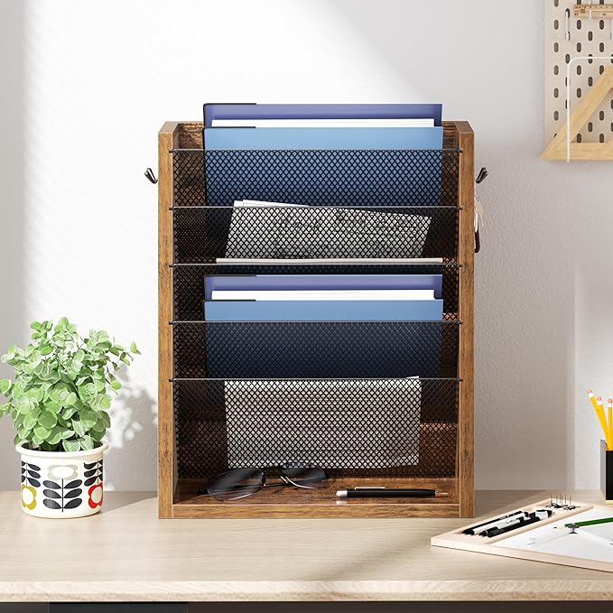 Mail Organizer Wall Mounted, 6-Tier Wall File Organizer with 2 Hooks, Wooden Desk Organizer Magazine Holder with Bottom Flat Tray, for Office Home, Rustic Brown