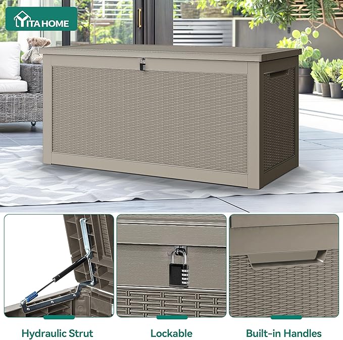 YITAHOME 320 Gallon XXL Large Deck Box, Outdoor Resin Storage Box, Lockable Storage Container for Patio Cushions, Furniture, Garden Tools, Water Resistant (Brown)