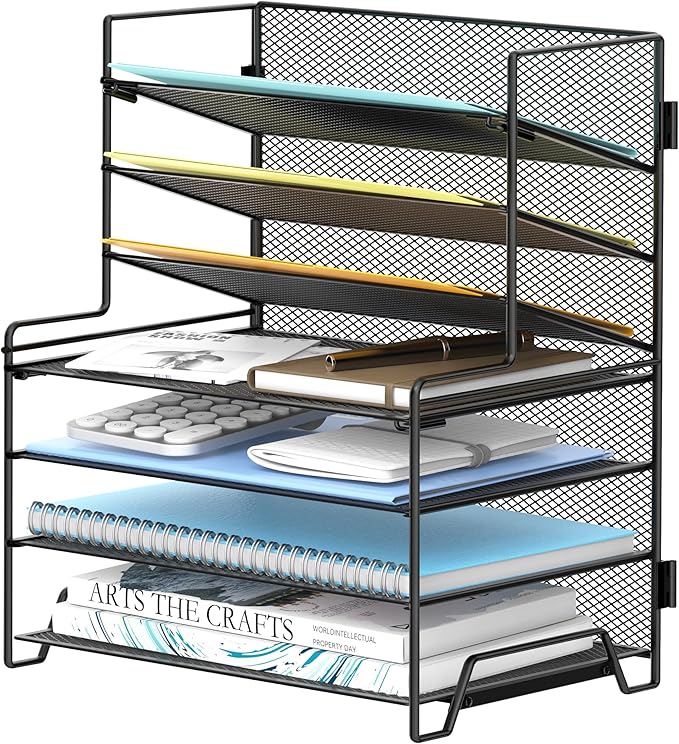 SUPEASY 7 Tier Desk File Organizer, Mesh Letter Tray Paper Organizer with File Holders, Metal Desktop Organizers and Accessories for Home Office Supplies, Black
