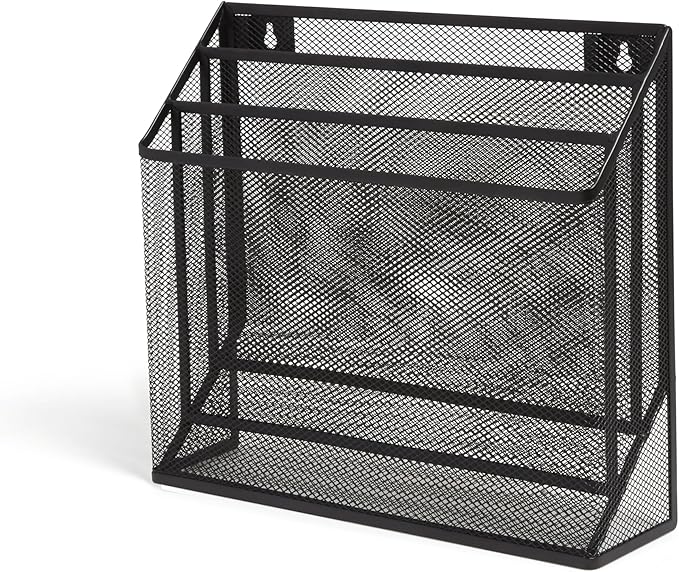 TRU RED Wire Mesh File Organizer, 3‑Compartment, Matte Black – Vertical Desktop Sorter for Files, Folders & Mail