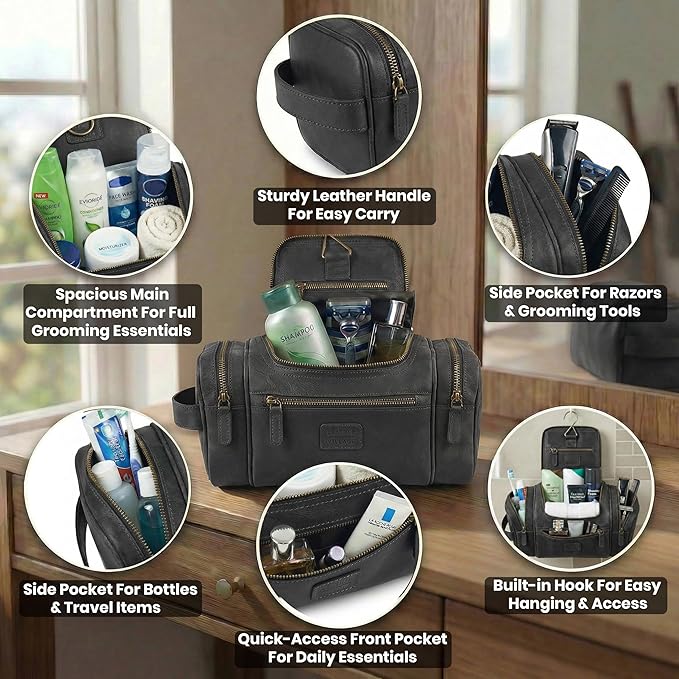 LEATHER VILLAGE Genuine Leather Travel Dopp Kit for Men & Women – Large Capacity Hanging Toiletry Bag with Water-Resistant Lining – Ideal for Travel, Grooming & Gym - Black