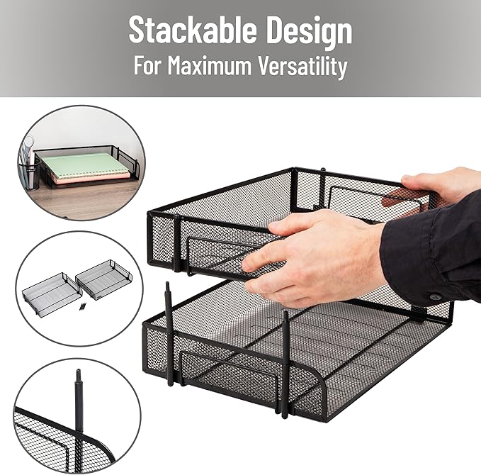 Mind Reader 2-Tier Stackable Paper Tray, Desktop Organizer for Letter-Size Documents, Office File Storage, Metal Mesh, Set of 2, Black