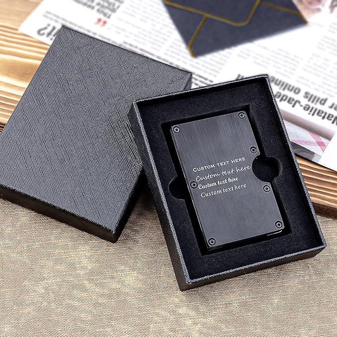 awofer Custom Wallet Mens Personalized Gifts for Anniversary Valentine's Day Engraved Aluminum Black Wallets with Money Clip Card Holder for Husband BF Dad Son Groomsmen Best man Gift