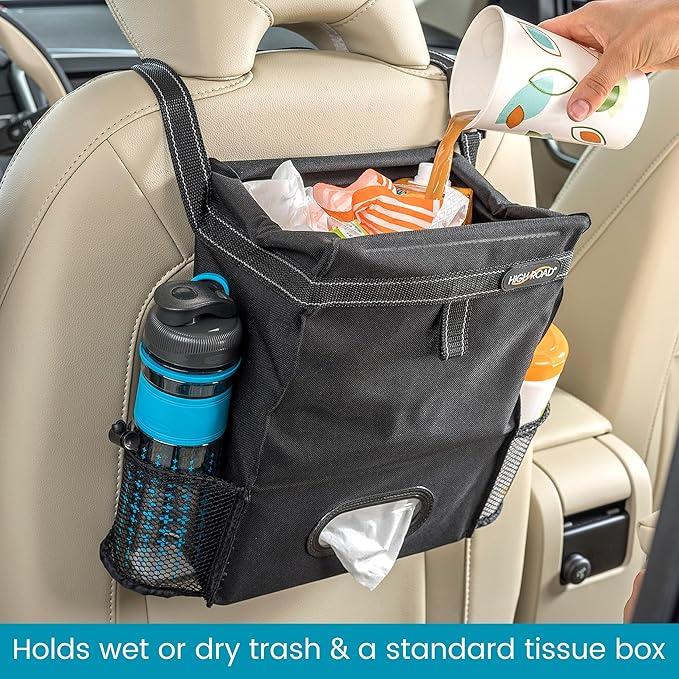 High Road Car Organizer with Car Trash Bag and Tissue Holder - Holds Full Size Tissue Box, Bottles and Wipe Containers - 2 Gal Leakproof Covered Car Trash Can with Push-Close Lid