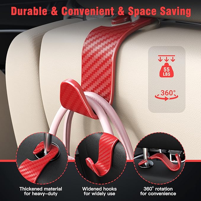 Amooca Car Seat Headrest Hook 4 Pack Hanger Universal Vehicle Car Storage Organizer for Handbag Purse Coat S Type Checkered Red