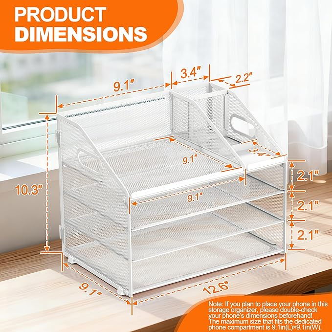 DocNest 4 Tier Metal Mesh Letter Tray - Space Saving Desk File Organizer with Handle, Pen Holder & Folder Holder - Desktop Document Sorter for Office, Home, School, Classroom - White