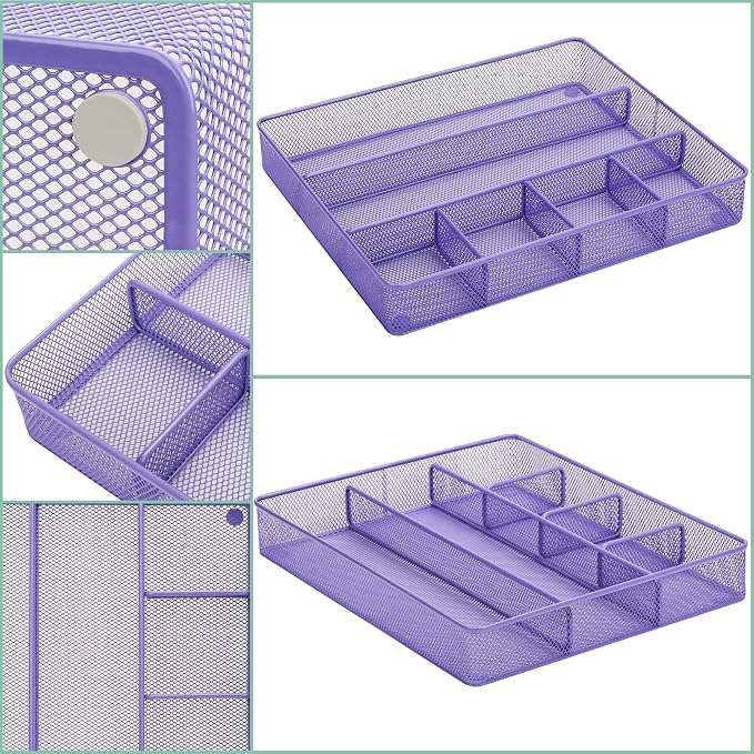 Annova Desk Top Organizer Tray for Office Organization - Metal Mesh - Storage Tray with Dividers for Pens, Desktop Accessories, Bathroom, Kitchen, Makeup and Office Supplies (Large, Purple)
