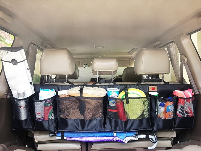Pf SUVs Rear Trunk Organizer with Umbrella Holder Hanging, X Large - Extra Rigid and Visible, Collapsible Cargo Net, Backseat Storage for Mid-size Crossovers to Mid-size SUVs, Van (51-Inches)