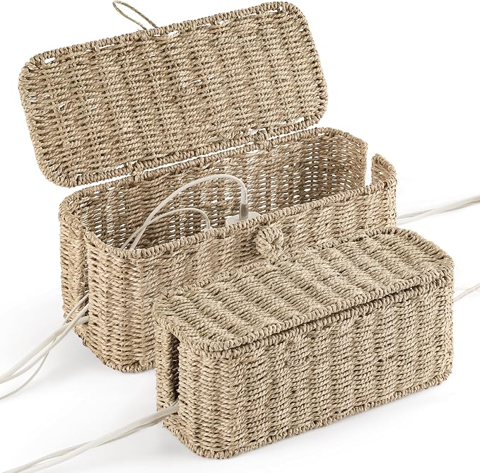 2-Pack Large Cable Management Box, Natural Rattan Cable Cord Organizer Boxes for Power Strip – 2 Open Slots Cords Hider Box for TV Wires, Computer, Router, USB Hub and Under Desk Power Strip