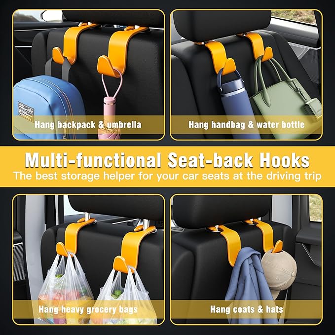 Amooca Car Seat Headrest Hook 4 Pack Hanger Universal Vehicle Car Storage Organizer for Handbag Purse Coat S Type Yellow